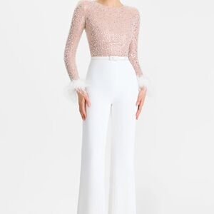 Nadine Merabi Amelia Sequin Feather-Sleeve Jumpsuit S/M